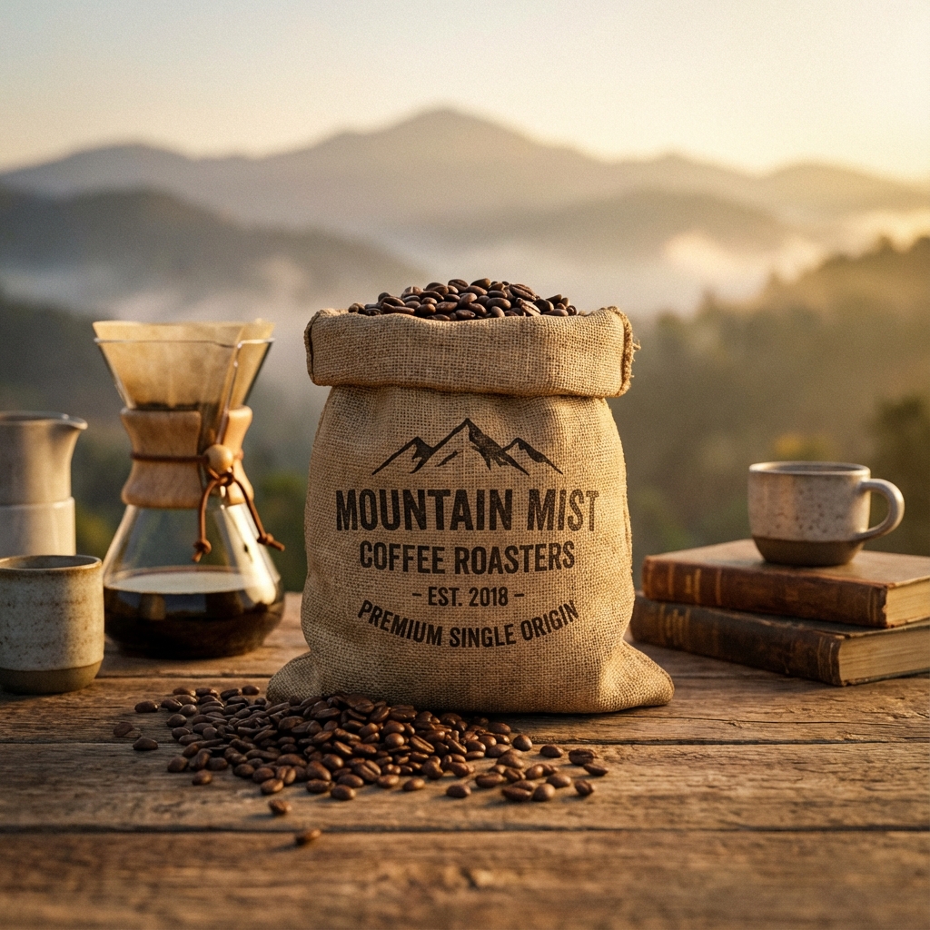 Premium coffee beans on wooden table with mountain backdrop